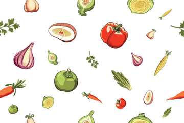 Vector seamless pattern with vegetables and fruit. Elements for design