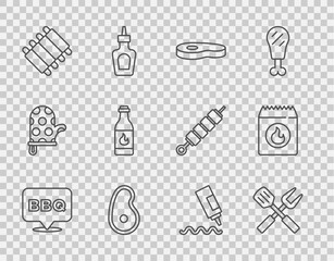 Set line Barbecue, Crossed fork and spatula, Steak meat, Grilled pork bbq ribs, Tabasco sauce, Sauce bottle and coal bag icon. Vector