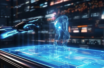 Fototapeta premium Robot hand using 3D printing digital hologram 3D rendering.