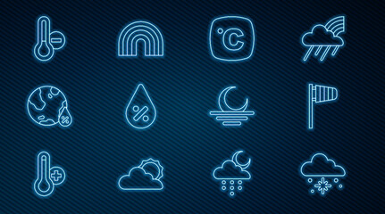 Set line Cloud with snow, Cone windsock wind vane, Celsius, Water drop percentage, Meteorology thermometer, Sunset and Rainbow icon. Vector