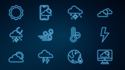 Set line Weather forecast, Lightning bolt, Cloud with snow, Windy weather, and sun, Sun, Meteorology thermometer and icon. Vector