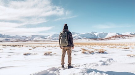 Male hiker, full body, view from behind, standing in a snow desert