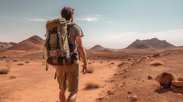 Male hiker, full body, view from behind, walking in the desert