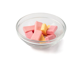 Fruit Chews Isolated, Pink Chewable Candies, Fruit Chew Candy Pile, Square Taffy, Colorful Gummy...