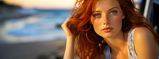 Enchanting redhead with blue eyes in white sundress gazes dreamily against vibrant beach sunset background, advocating natural beauty and tranquility.