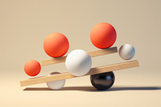 A seesaw-like arrangement of stone and wood shapes brings a playful touch to modern design. Minimalist composition with a touch of surrealism