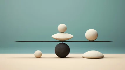 Foto op Canvas Abstract geometric forms achieve balance, combining stone and wood elements. Equilibrium portrayed through circles and spheres. Minimalist design and neutral beige and blue colors © Garnar