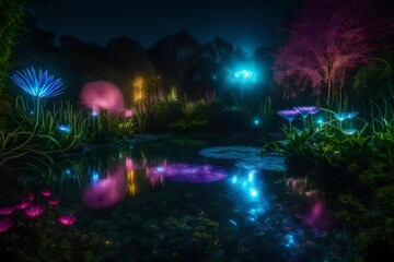 Fototapeta premium a magical garden realm with bioluminescent plants and surreal flora - AI Generative