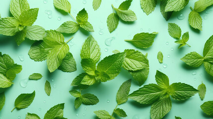 The pattern of cool and fresh mint leaves arranged on a mint monotonous background with droplets of refreshing water; Self-care and inner well-being through aromatherapy and spa treatments.