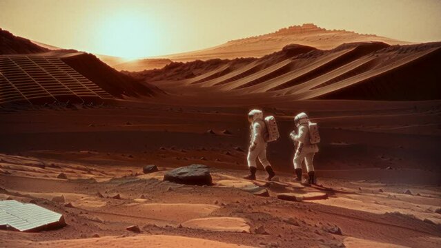 AI generated long shot of two unrecognizable scientists wearing space suits walking along desertAI generated long shot of two unrecognizable scientists wearing space suits walking along desertAI gener
