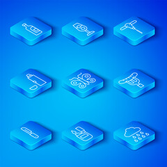 Set line Knife, Butterfly, Lighter, Sausage on the fork, Wine corkscrew, Thermos container, Bottle of wine and Cloud with rain icon. Vector