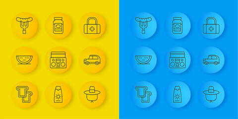 Set line Bread toast, Watermelon, Home stereo with two speakers, Camping hat, Car, Sausage the fork, First aid kit and Jam jar icon. Vector