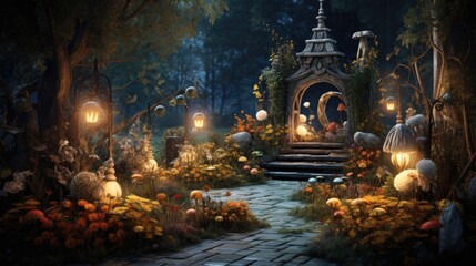 A garden with lots of flowers and lanterns