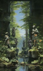 A painting of a group of sculptures in a garden