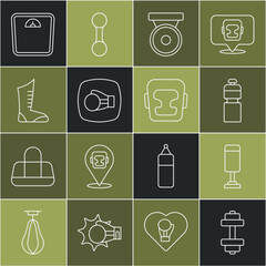 Set line Dumbbell, Punching bag, Fitness shaker, Boxing gong, glove, Sport boxing shoes, Bathroom scales and helmet icon. Vector