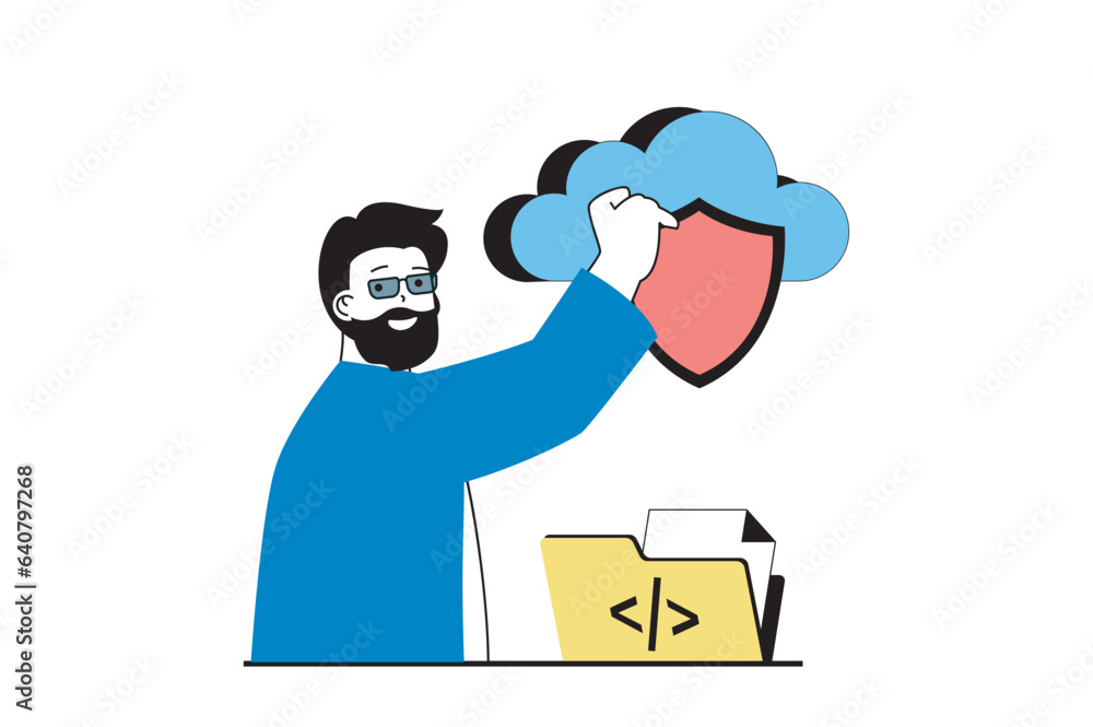 Poster Cloud computing concept with people scene in flat web design. Man working with digital files and using secure storage and processing. Vector illustration for social media banner, marketing material.