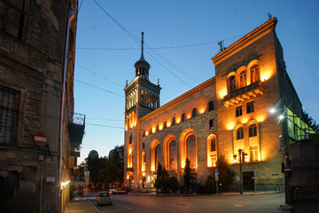 Fototapeta na wymiar Panorama with Residential building opposite Shota Rustaveli monument in Tbilisi