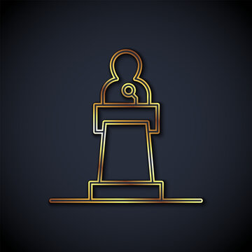 recommend clip art: Gold line Speaker icon isolated on black background. Orator speaking from tribune. Public speech. Person on podium. Vector