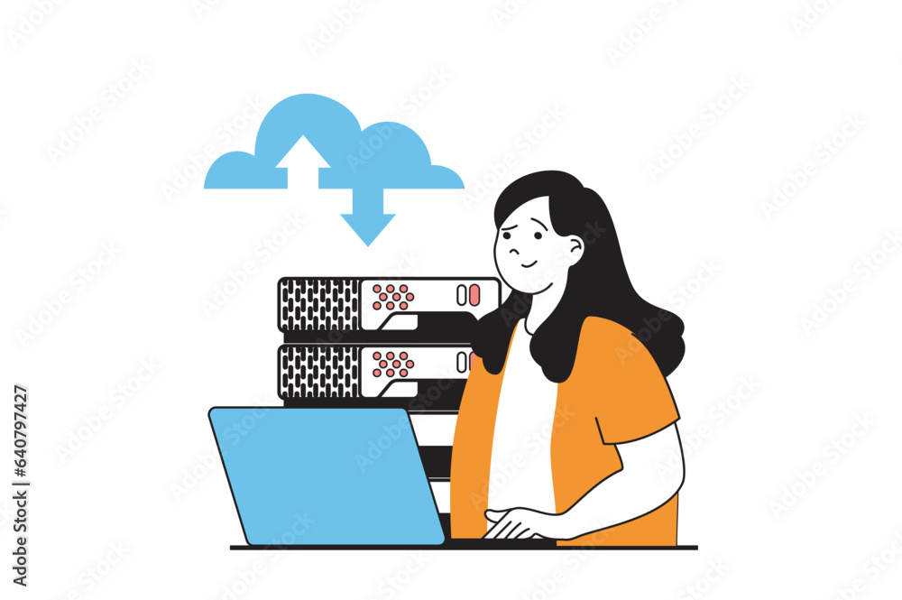 Fototapete cloud computing concept with people scene in flat web design. woman making sync online and processin