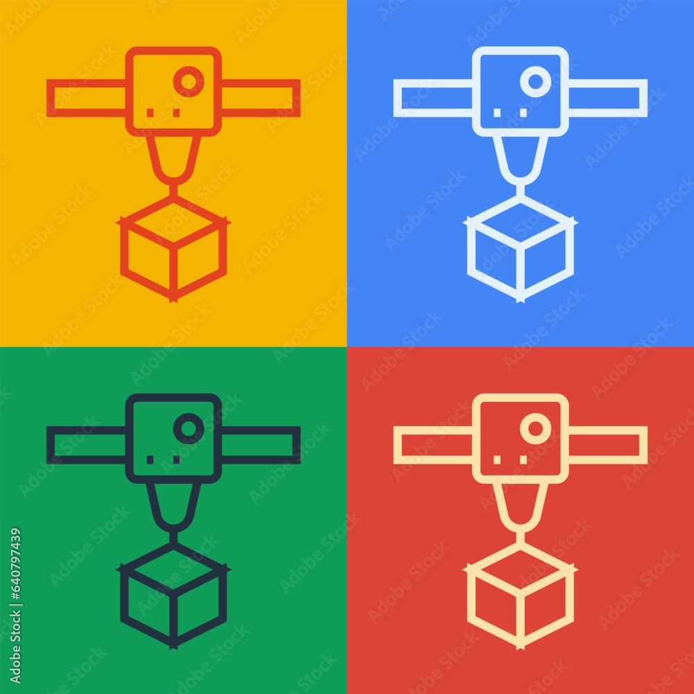 Poster pop art line 3d printer cube icon isolated on color background. 3d printing. vector