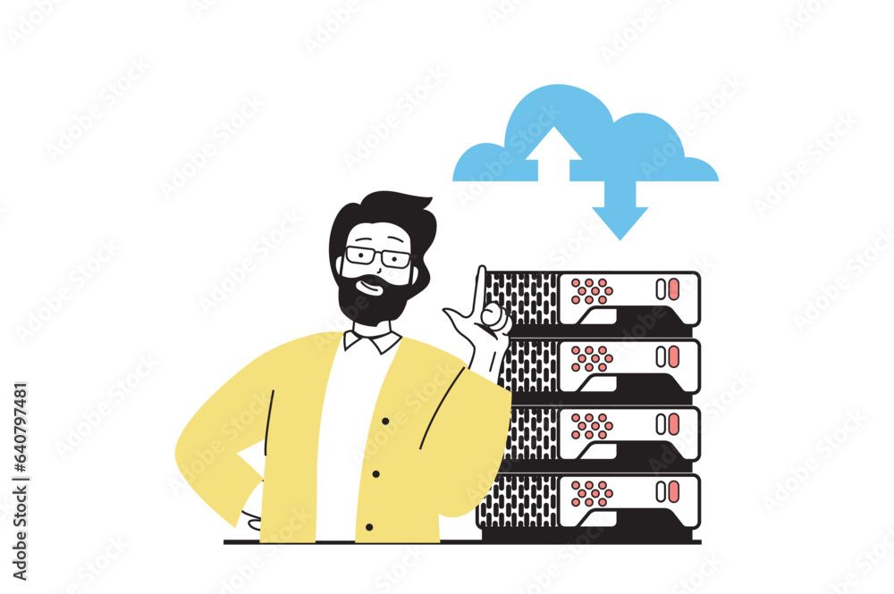 Leinwandbilder cloud computing concept with people scene in flat web design. man monitoring and administering at se
