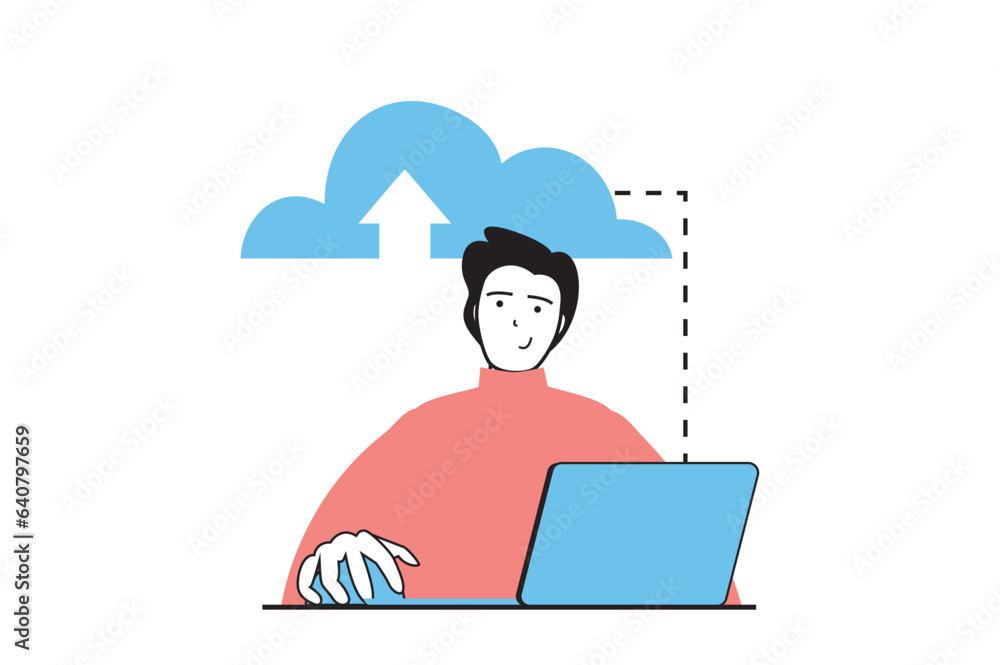 Aufkleber Cloud computing concept with people scene in flat web design. Man uploading data at cloud storage, processing data and using database. Vector illustration for social media banner, marketing material.