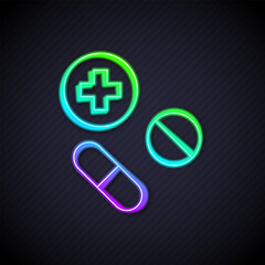 Obraz premium Glowing neon line Medicine pill or tablet icon isolated on black background. Capsule pill and drug sign. Pharmacy design. Vector
