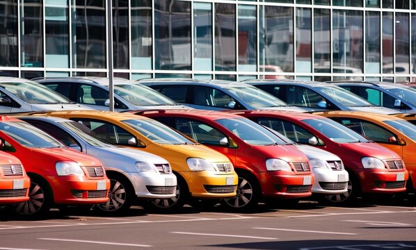 a vast stock lot filled with a variety of cars for sale, lined up in neat rows. This image captures the diversity and abundance of choices available at the car dealership.