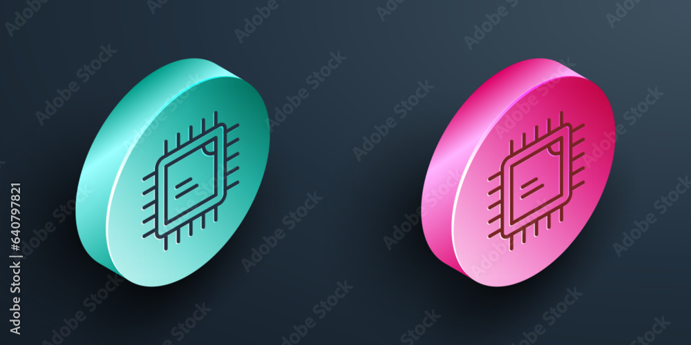 Aufkleber isometric line computer processor with microcircuits cpu icon isolated on black background. chip or 