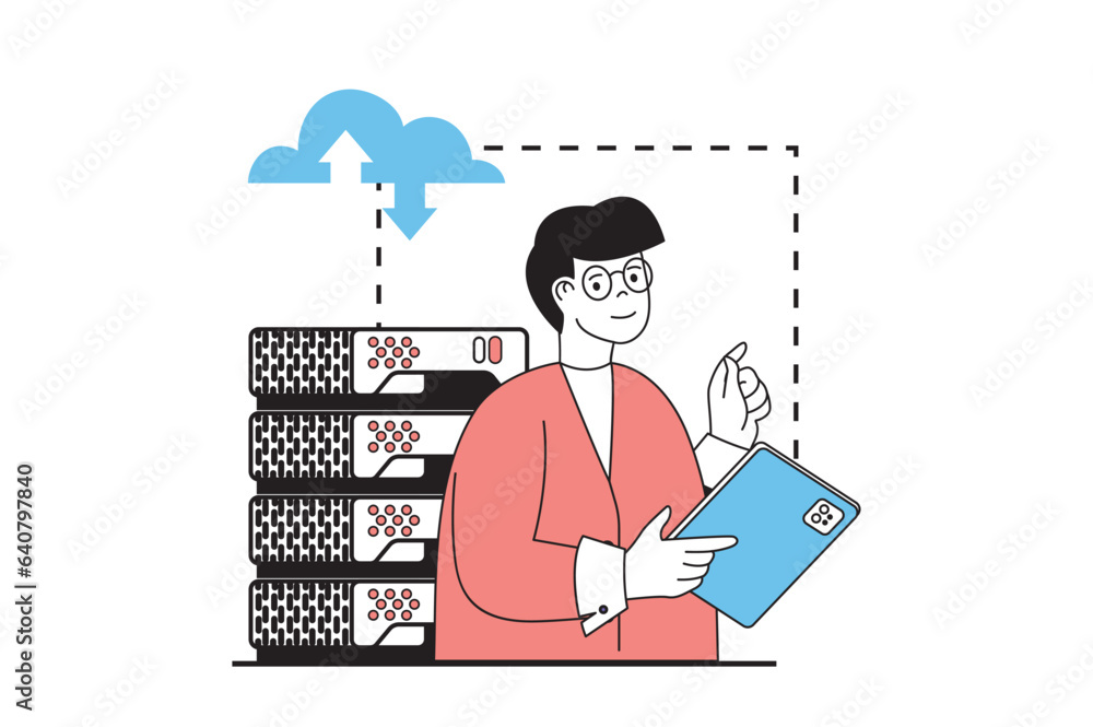 Poster cloud computing concept with people scene in flat web design. man working as administrator in server