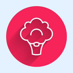 White line Broccoli icon isolated with long shadow background. Red circle button. Vector