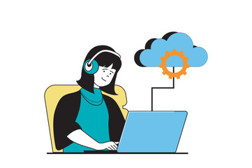 Fototapeta na wymiar Cloud computing concept with people scene in flat web design. Woman making optimization and settings using backup files at laptop. Vector illustration for social media banner, marketing material.