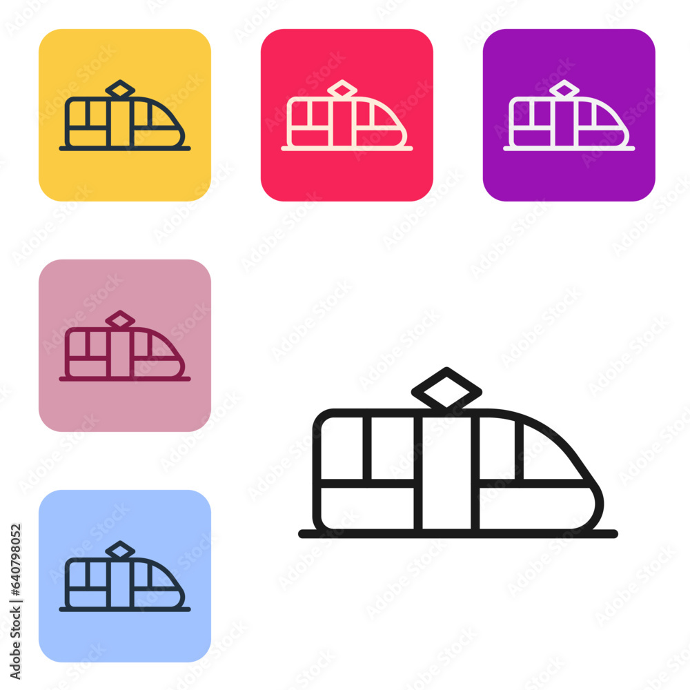 Poster black line tram and railway icon isolated on white background. public transportation symbol. set ico