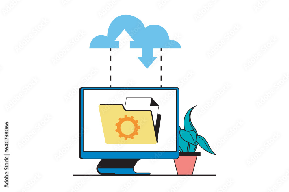 Poster cloud computing concept with people scene in flat web design. cloud storage and processing data, mak