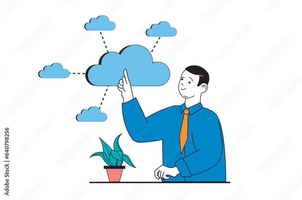 Poster cloud computing concept with people scene in flat web design. man uploading data and sharing links w