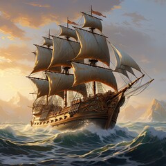  a painting of a sailing ship in the middle of the ocean.  generative ai