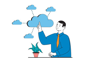 Cloud computing concept with people scene in flat web design. Man uploading data and sharing links with access for virtual community. Vector illustration for social media banner, marketing material.