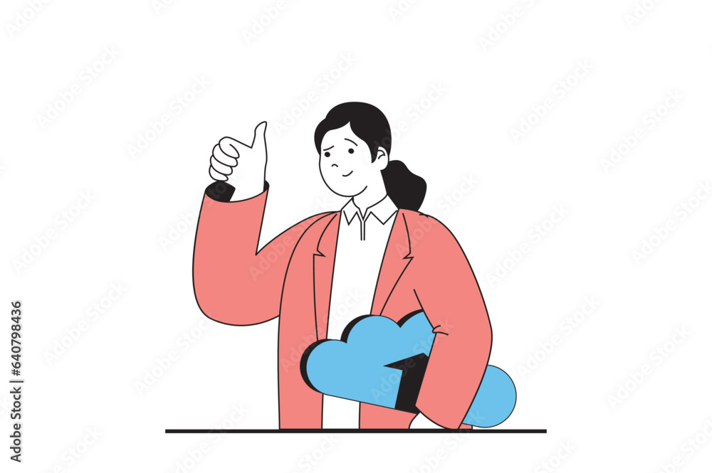 Fototapete cloud computing concept with people scene in flat web design. woman using online processing service 
