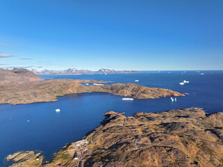 aerial view of arctic ocean in Taliisaq village of Greenland