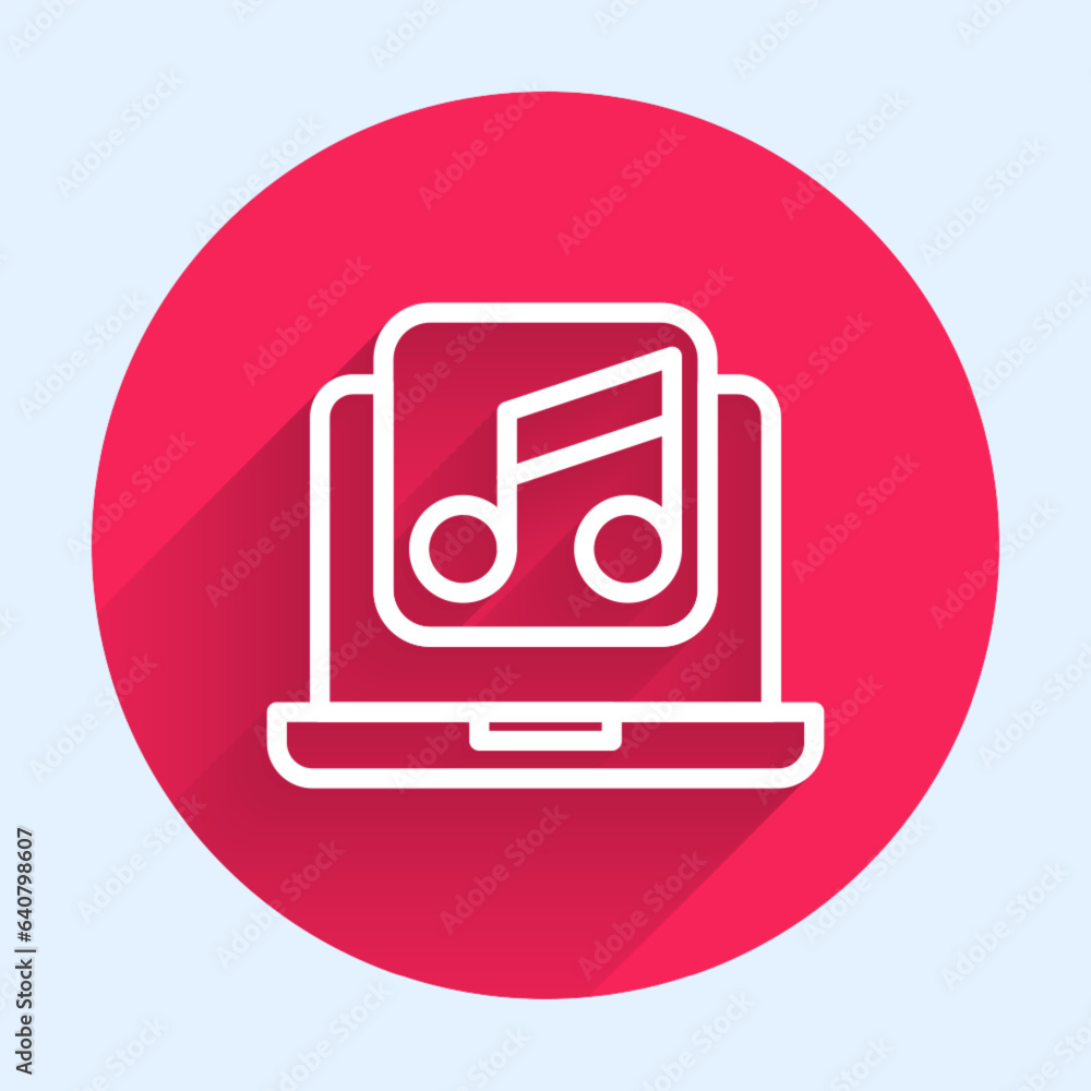 Aufkleber white line laptop with music note symbol on screen icon isolated with long shadow background. red ci