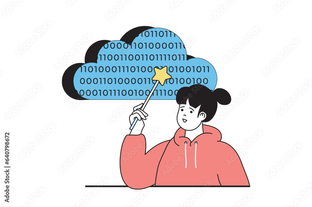 Leinwandbilder cloud computing concept with people scene in flat web design. woman processing files online and uplo