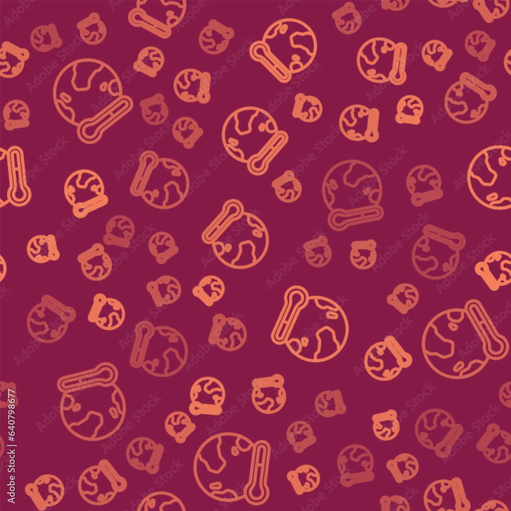 Poster brown line planet earth melting to global warming icon isolated seamless pattern on red background. 