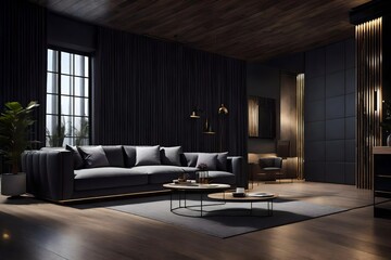 Stylish modern room area with wooden floor parquet and 3d panel wall. 3d render