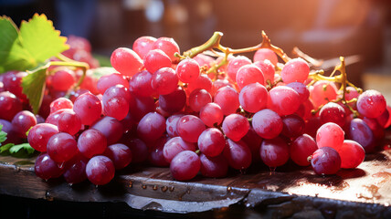 A bunch of fresh wet red grapes illuminated by a ray of sun lies on a dark wet surface. Generative AI technology.