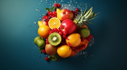 Obraz na płótnie Canvas delicious colored fruits on colored background, wallpaper of fruits, sliced fruits on abstract background, fruits background
