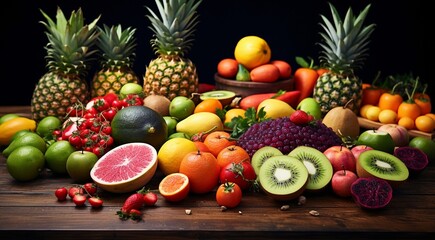 Naklejka na ściany i meble delicious colored fruits on colored background, wallpaper of fruits, sliced fruits on abstract background, fruits background