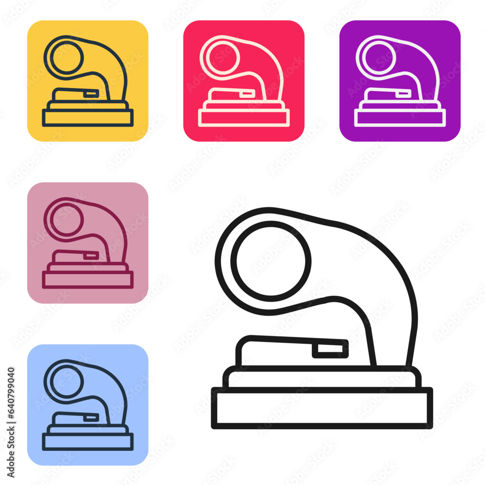 Poster black line old gramophone icon isolated on white background. set icons in color square buttons. vect