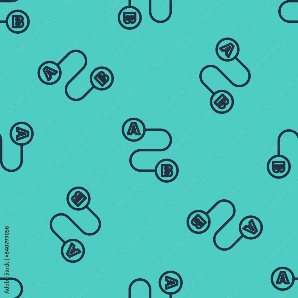 Poster black line route location icon isolated seamless pattern on green background. map pointer sign. conc