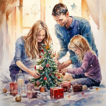 Mom, dad and daughter decorate the Christmas tree at home