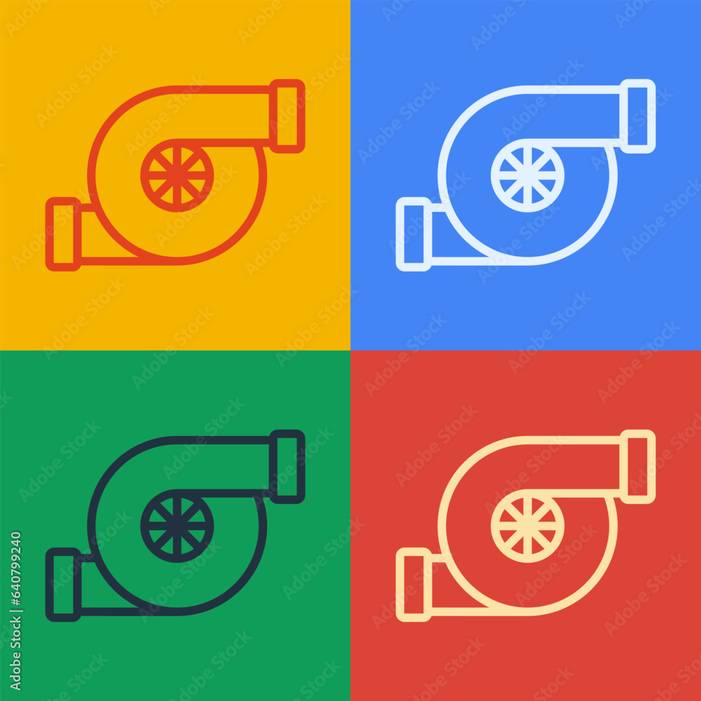 Poster pop art line automotive turbocharger icon isolated on color background. vehicle performance turbo. t